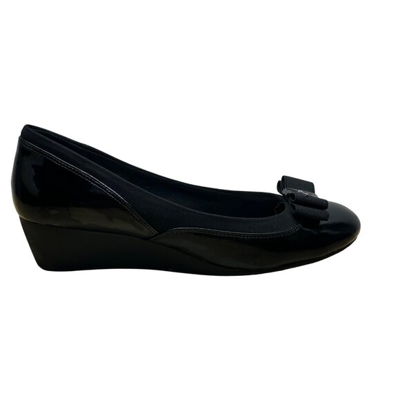 Anne Klein Sport Women’s Black Patent Leather Bow Slip-On Wedge Pumps Size 8.5M - Picture 1 of 10